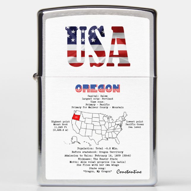 Oregon American state on a map and useful info Zippo Lighter (Front)
