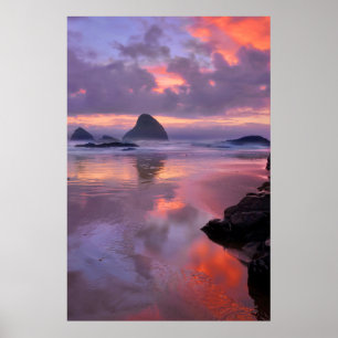 Oregon beach and sea stacks at sunset poster
