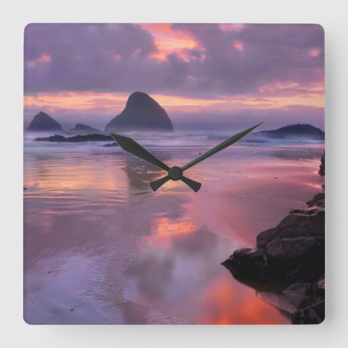 Oregon beach and sea stacks sunset square wall clock