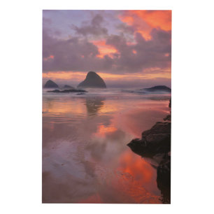 Oregon beach and sea stacks, sunset wood wall decor