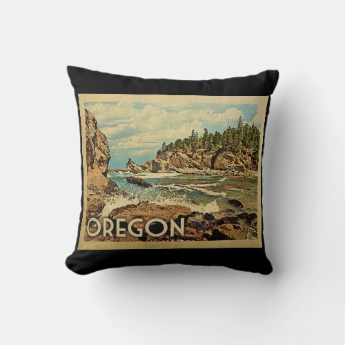 Oregon Beach Cliffs Vintage Travel Throw Pillow