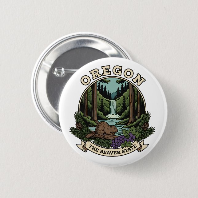 Oregon Beaver State Forest & Waterfall Emblem Button (Front & Back)