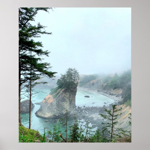 Oregon Coast Foggy Beach Rocks Nature Photo Poster