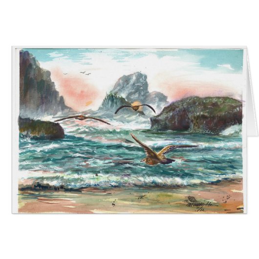 Oregon coast scene with waves and seagulls cards (Front Horizontal)