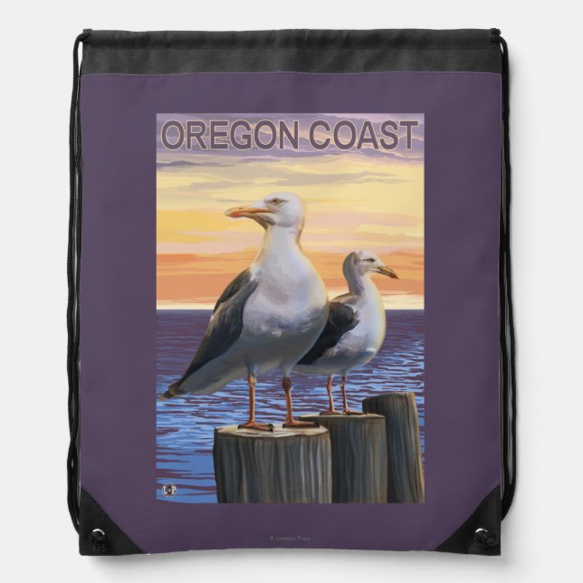 Oregon Coast Sea Gulls Drawstring Bag (Front)