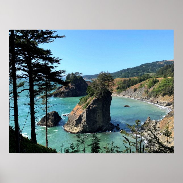Oregon Coast Sunny Beach Rocks Nature Photo Poster (Front)