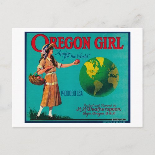 Oregon Girl Apple Crate LabelElgin OR Postcard
