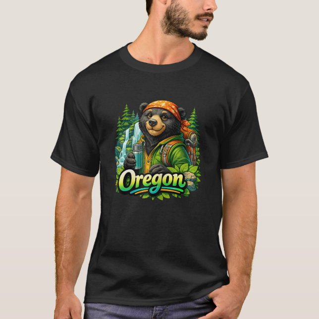 Oregon Hiking Bear Forest Waterfall T-Shirt (Front)