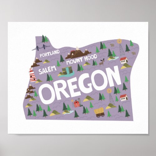 Oregon Icon Landmarks Map Poster
