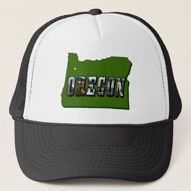 Oregon Map Outline and Picture Text Trucker Hat (Front)