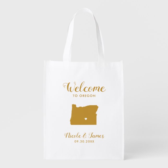 Oregon Map Wedding Welcome Bag Tote, Gold (Front)