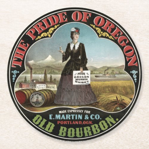 Oregon Old Bourbon Whiskey 1871 Ad Round Paper Coaster