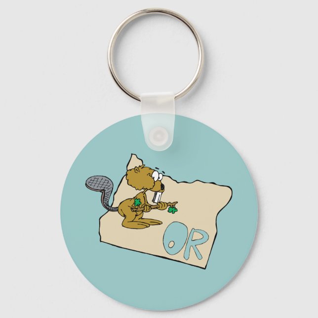 Oregon OR State Cartoon Map & Beaver Art Motto Keychain (Front)