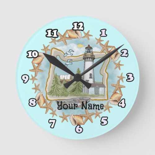 Oregon Shells Lighthouse custom name Round Clock