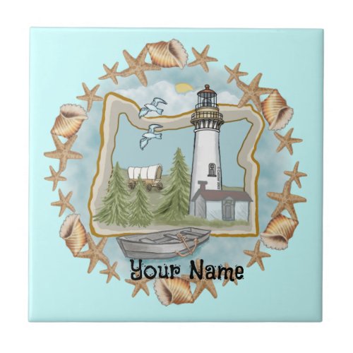 Oregon Shells Lighthouse custom name Tile