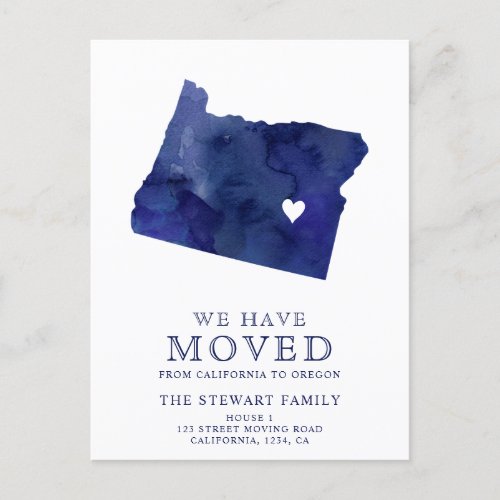 Oregon state map navy blue watercolor home moving announcement postcard