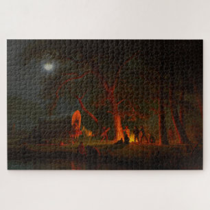 Oregon Trail Conestoga Wagon Moonlight Camp Fire Jigsaw Puzzle