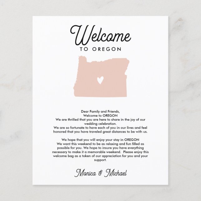 OREGON Welcome  Letter & Itinerary ANY COLOR (Front)