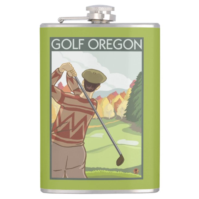 OregonGolf Scene Vintage Travel Poster Flask (Front)