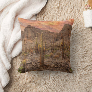 Organ Pipe Cactus On Wood Grain Sunset Photo Throw Pillow