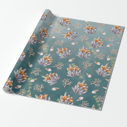 Organ Pipe Coral Clownfish Under A Deep Green Sea Wrapping Paper
