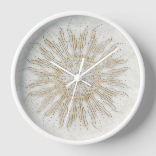 Organic boho style sunburst mandala golden white clock