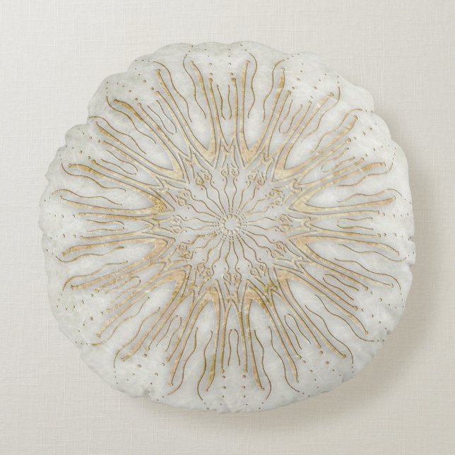 Organic boho style sunburst mandala golden white round pillow (Front)