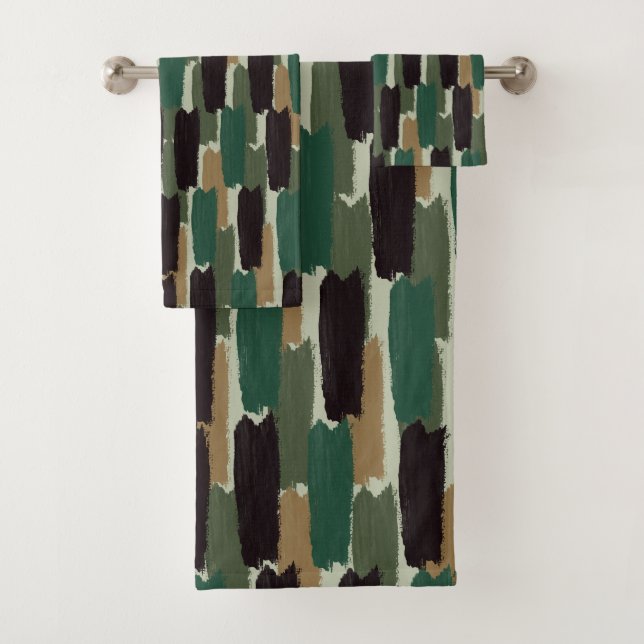 Organic Brushstroke Stripe Black Green Bath Towel Set (Insitu)