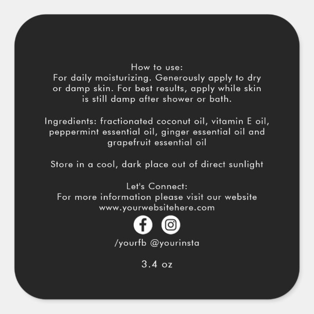 Organic Business Beauty Product Ingredients Black Square Sticker (Front)