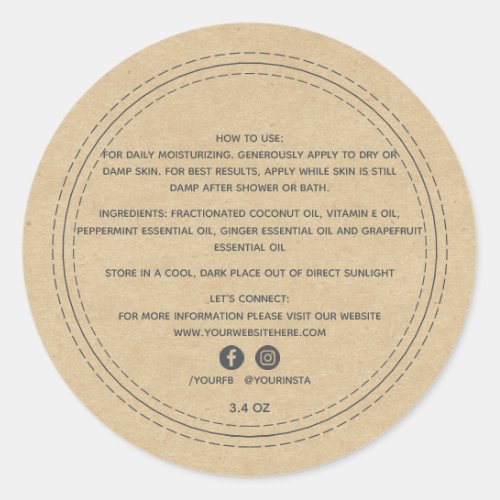 Organic Business Beauty Product Ingredients Kraft  Classic Round Sticker