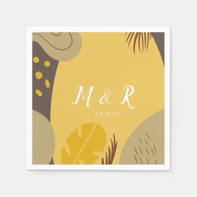 Organic Collage Monstera Wedding Earth Tone Yellow Napkins (Front)