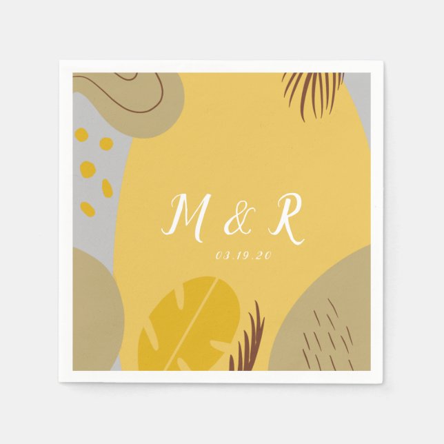 Organic Collage Monstera Wedding Earth Tone Yellow Napkins (Front)