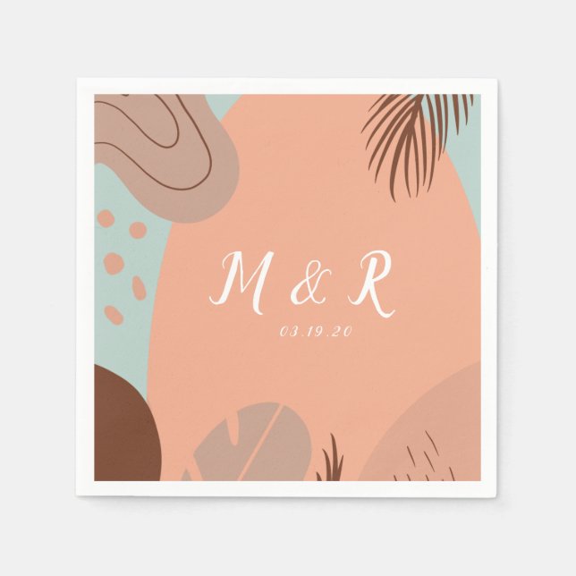 Organic Collage Monstera Wedding Logo Earth Tone Napkins (Front)
