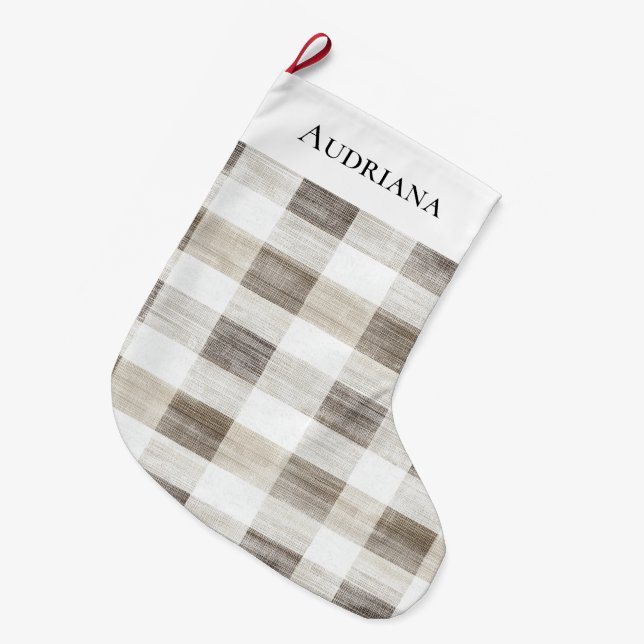 Organic Cream Tan Plaid Stripes Christmas Large Christmas Stocking (Front (Hanging))