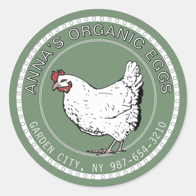 Organic Egg Sticker Farmhouse Style Hen on Green (Front)
