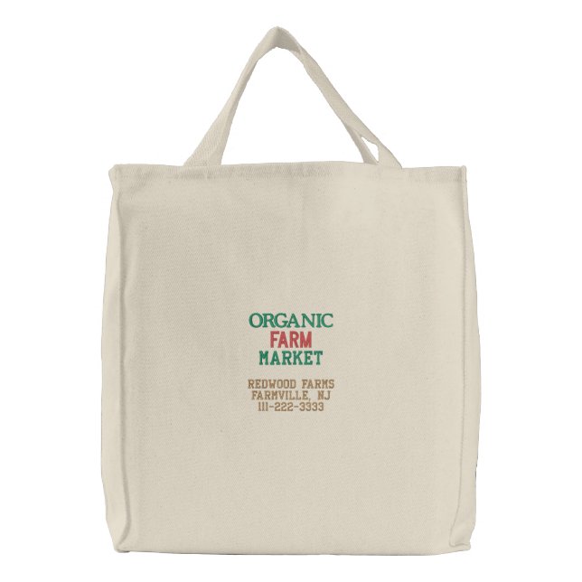 Organic Farm Market Business Name Green Red Embroidered Tote Bag (Front)