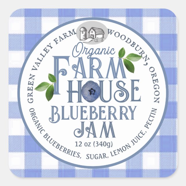 Organic Farmhouse Blueberry Jam Blue Gingham Label (Front)