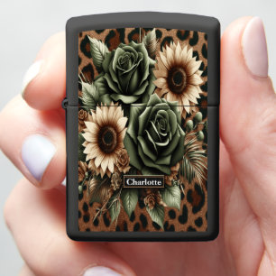 Organic Flower Leopard Frame: Black Display Zippo Lighter