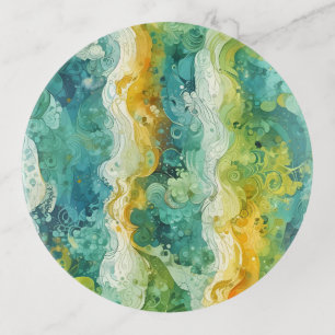 organic fluid art teal, gold  trinket tray