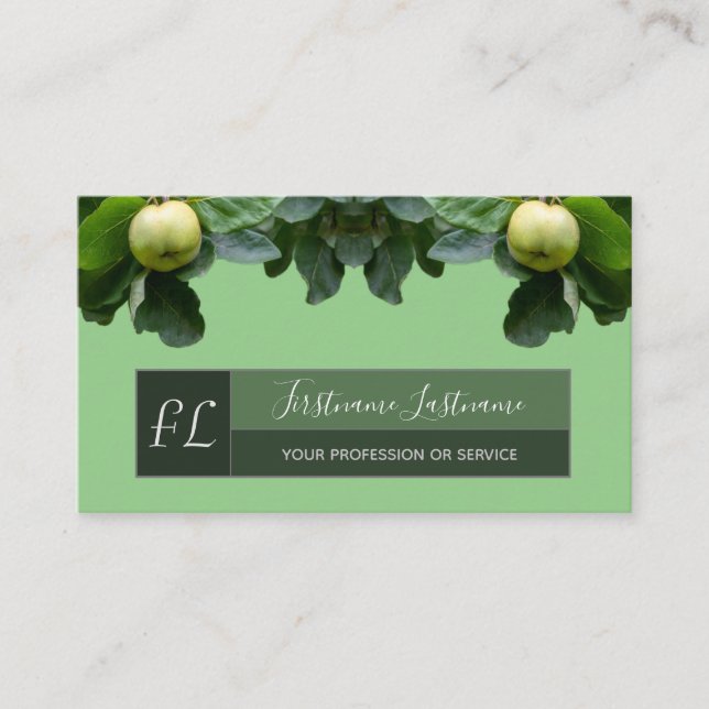Organic green apple tree gray rectangle monogram business card (Front)