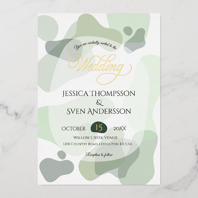 Organic Greenery Geometric Abstract Wedding Foil Invitation (Front)