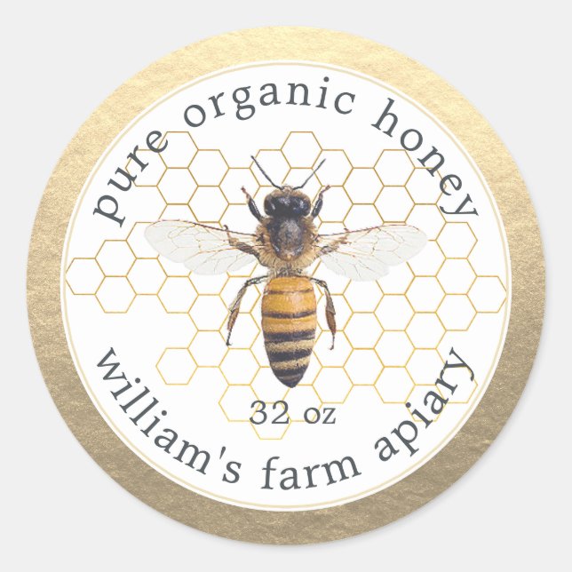 Organic Honey Bee Apiary Honey Jar Gold Classic Round Sticker (Front)