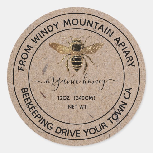  Organic Honey  Kraft Paper Jar Labels | Honeybee (Front)