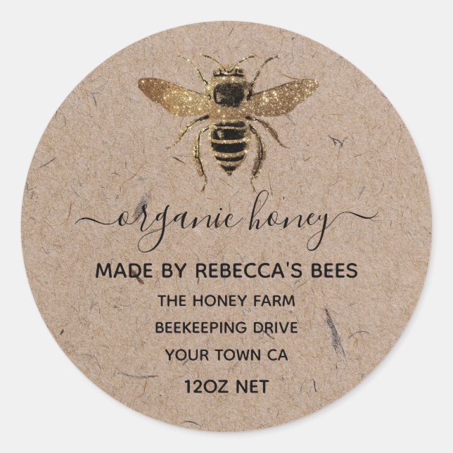  Organic Kraft Paper  Honey Jar Labels | Honeybee (Front)