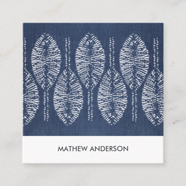 ORGANIC LEAF PATTERN INDIGO BLUE TIE DYE BATIK SQUARE BUSINESS CARD (Front)