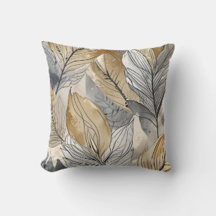 organic leafy watercolor art, gold gray throw pillow