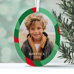 Organic Line Abstract Art - 1 Photo Green Red Metal Ornament