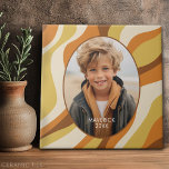 Organic Line Abstract Art - 1 Photo - Honey Colors Ceramic Tile<br><div class="desc">An organic abstract line art with warm yellow and brown colors. The modern design highlights your favorite photo. It also includes a simple font for the name and an abstract art pattern. If you need to move anything around,  click on the customize button to make changes.</div>