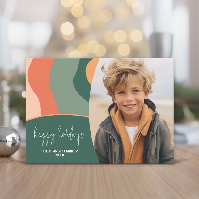 Organic Line Abstract Art - 1 Photo Jade Tangerine Holiday Card (Holiday Photo Greeting Card - Jade and Tangerine Organic Curves)