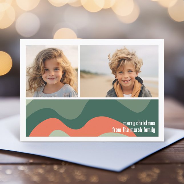 Organic Line Abstract Art - 1 Photo Jade Tangerine Holiday Card (Modern, minimal organic curves with a holiday message and 2 photos)